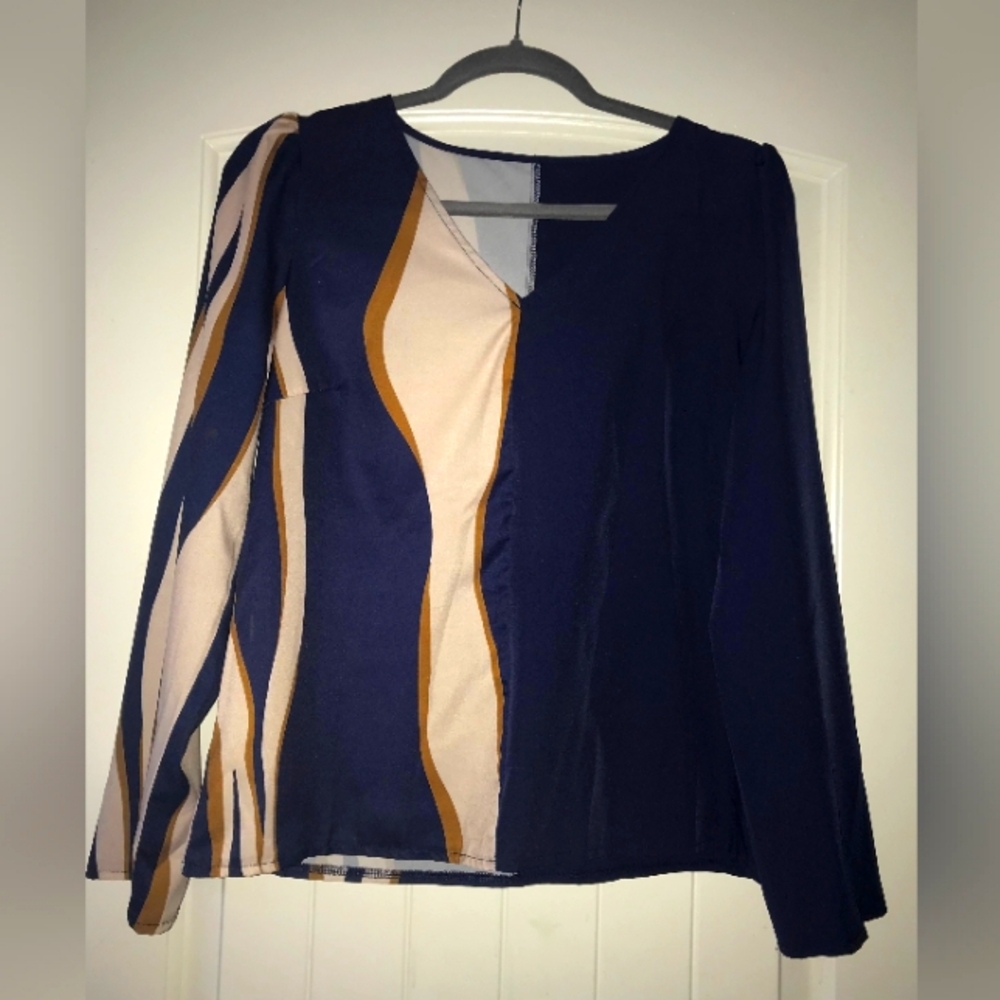 Navy Blue Cream Gold Womans Silk Blouse Shirt